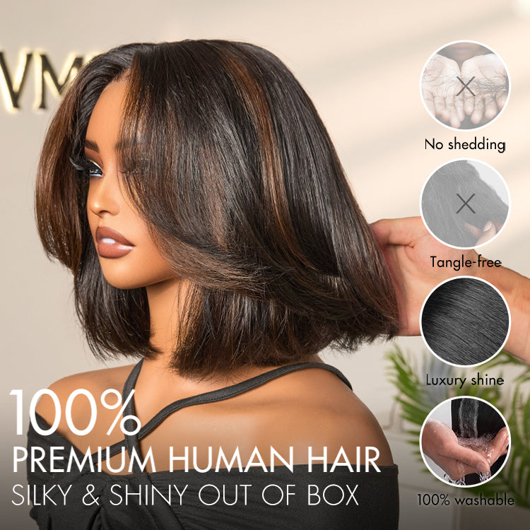 Blonde Highlight / Brown Highlight Short Layered Bob Wig Glueless 5x5 Closure Pre-Cut Lace Wig