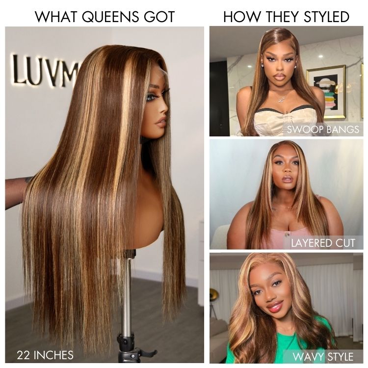 180% Density Honey Blonde Highlight Silky Straight Glueless 5x5 Closure HD Lace Long Wig