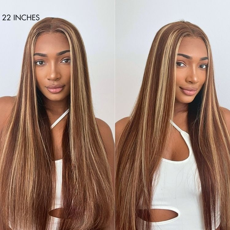 180% Density Honey Blonde Highlight Silky Straight Glueless 5x5 Closure HD Lace Long Wig