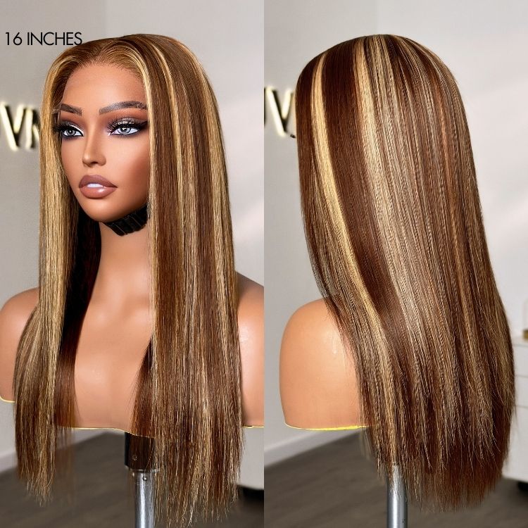 180% Density Honey Blonde Highlight Silky Straight Glueless 5x5 Closure HD Lace Long Wig