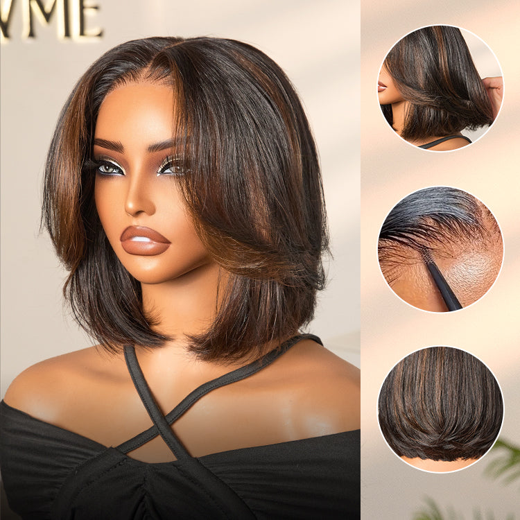 Blonde Highlight / Brown Highlight Short Layered Bob Wig Glueless 5x5 Closure Pre-Cut Lace Wig