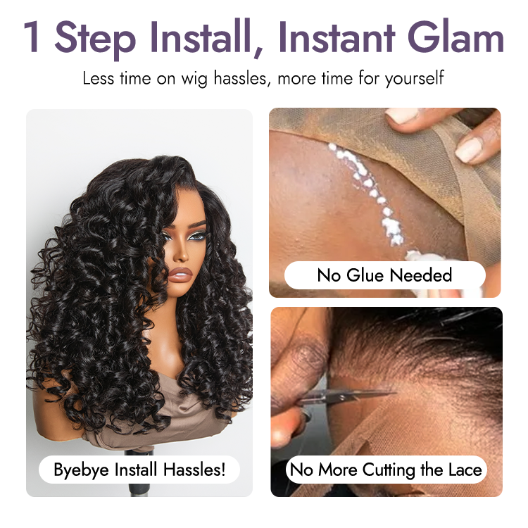 180% Density Bouncy Curls Glueless 5x5 Closure Pre-Cut Lace Layered Curly Wig Breathable Cap