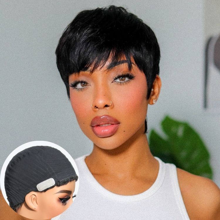 Throw On & Go Brown Highlight Short Curly with Bangs Wig Ultra Comfort Skin-Like Soft Care Glueless Hair Loss Friendly Wig