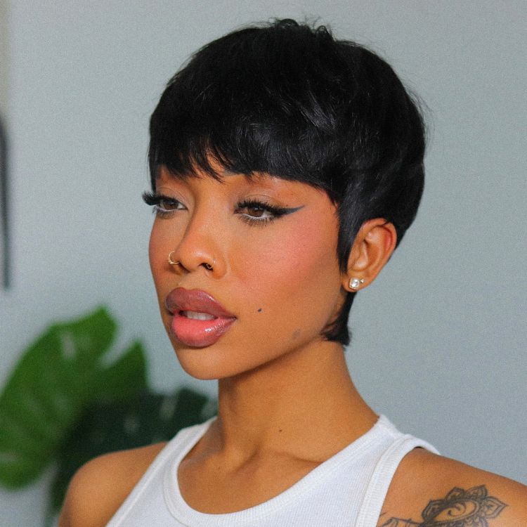 Throw On & Go Brown Highlight Short Curly with Bangs Wig Ultra Comfort Skin-Like Soft Care Glueless Hair Loss Friendly Wig