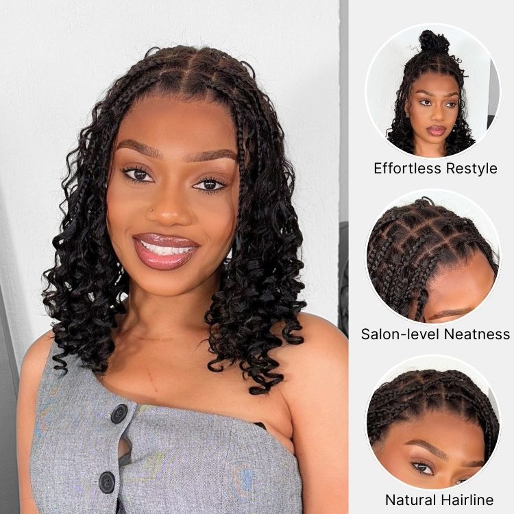 Readitress™ HD Full Lace Knotless Boho Curls Braided Bob Pre-Cut Lace Wig Flexi Fit Invisi Drawstring Cap