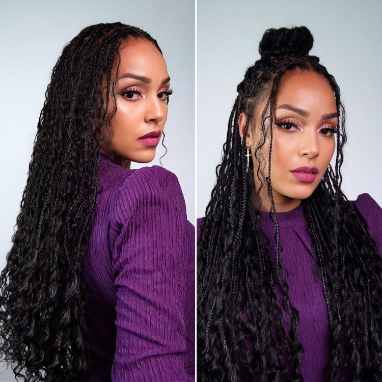 Readitress™ Light Weight Flexi-Fit Invisi Drawstring Cap Full Lace Knotless Boho Curls Braided Long Wig Super Natural Scalp