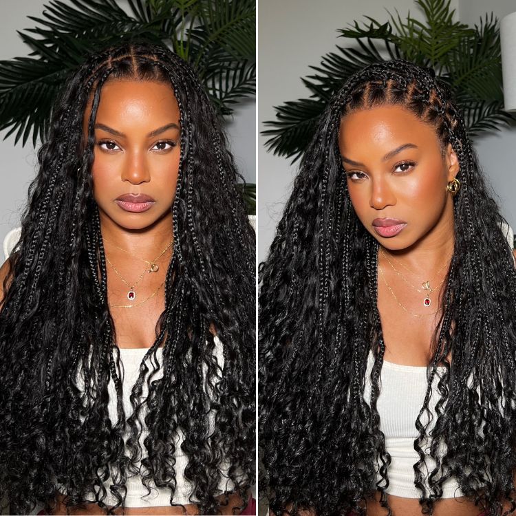 Readitress™ Light Weight Flexi-Fit Invisi Drawstring Cap Full Lace Knotless Boho Curls Braided Long Wig Super Natural Scalp