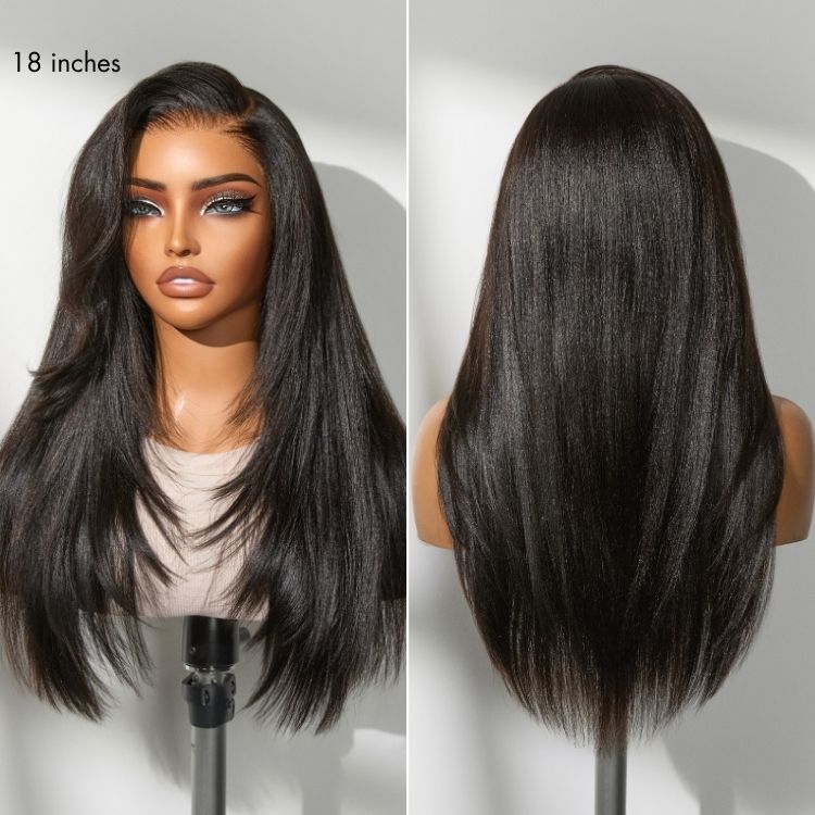 180% Density Butterfly Cut Layered Light Yaki Straight Glueless 7x6 Closure HD Lace Human Hair Wig Pre-Cut Lace