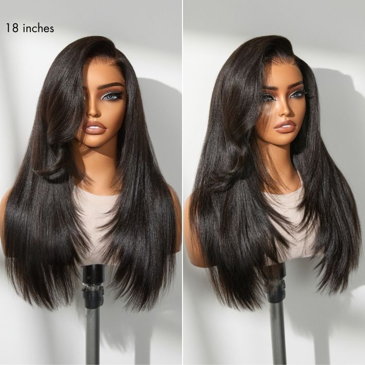 180% Density Butterfly Cut Layered Light Yaki Straight Glueless 7x6 Closure HD Lace Human Hair Wig Pre-Cut Lace