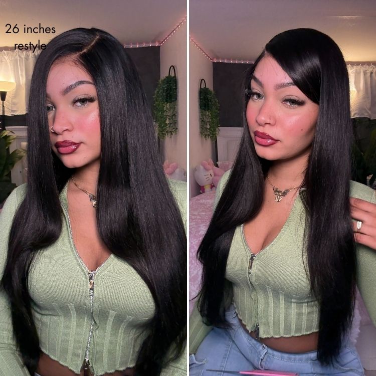 180% Density Butterfly Cut Layered Light Yaki Straight Glueless 7x6 Closure HD Lace Human Hair Wig Pre-Cut Lace