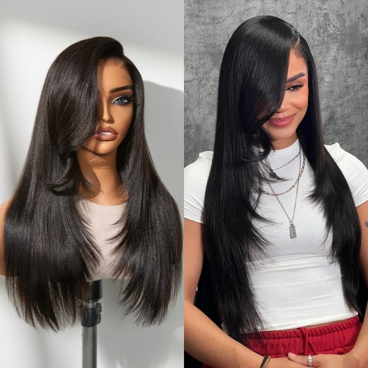 180% Density Butterfly Cut Layered Light Yaki Straight Glueless 7x6 Closure HD Lace Human Hair Wig Pre-Cut Lace