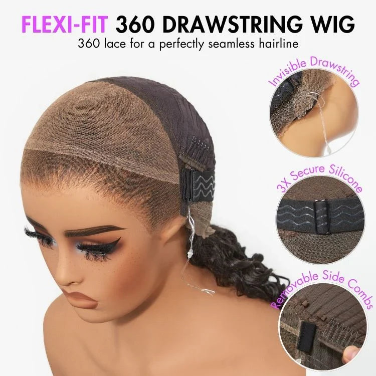 Classy Natural Black Body Wave Free Parting Half Up Half Down Wig Invisi Drawstring Cap Pre-cut Lace