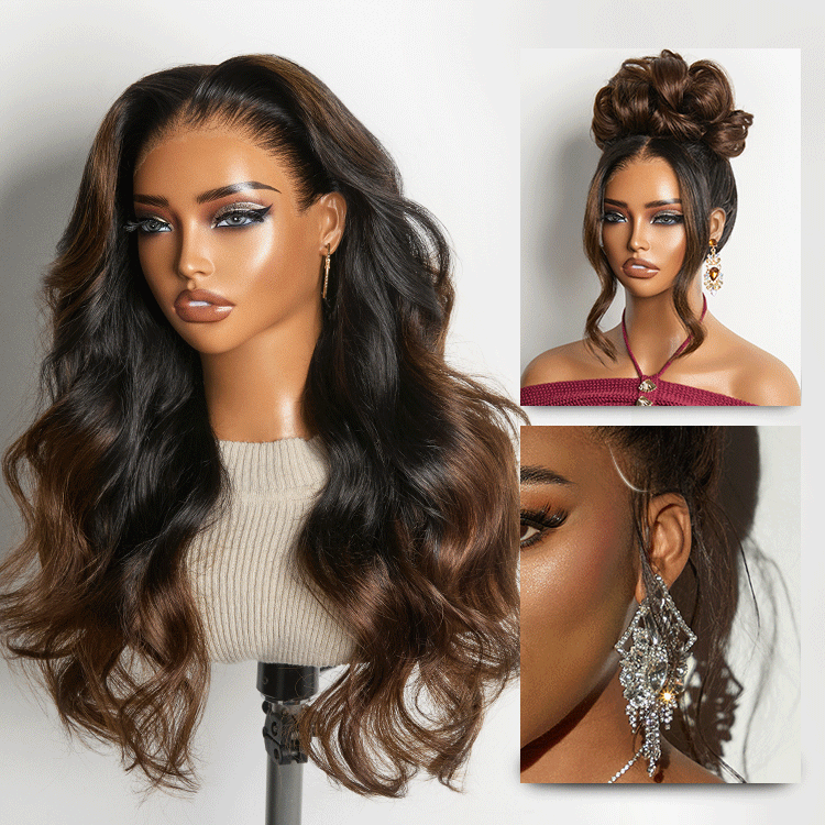 NatureMAX 200% Density Ombre Brown / Natural Black Loose Wave Glueless 13x6 / 13x4 HD Lace Front Wig Pre-Cut Lace Flexi-Fit Drawstring Cap