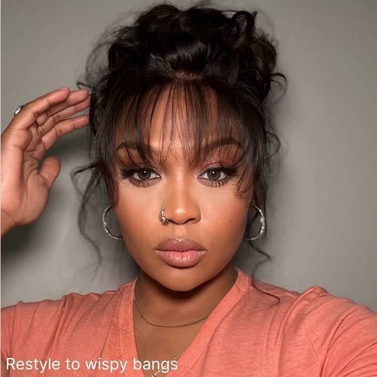 Body Wave Updo Hairpiece with Clip-In 5x5 Lace Closure Bangs and Drawstring Ponytail Quick & Easy