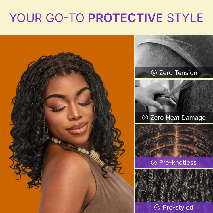 Special Deal | HD Full Lace Knotless Boho Curls Braided Bob Wig Flexi Fit Invisi Drawstring Cap Pre-Cut Lace