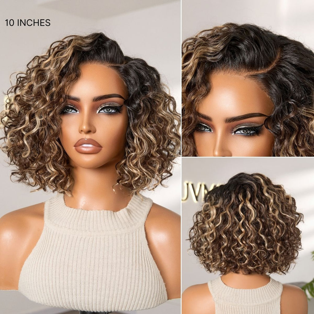 Ready to Go Blonde Highlight Water Wave Short Curly Bob Wig Glueless Minimalist HD Lace Wig Pre-Cut Lace