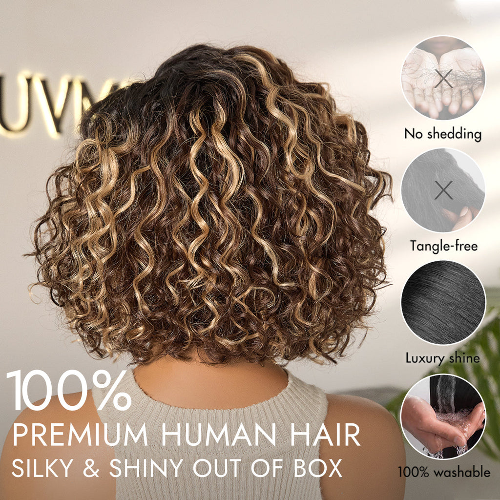 Ready to Go Blonde Highlight Water Wave Short Curly Bob Wig Glueless Minimalist HD Lace Wig Pre-Cut Lace