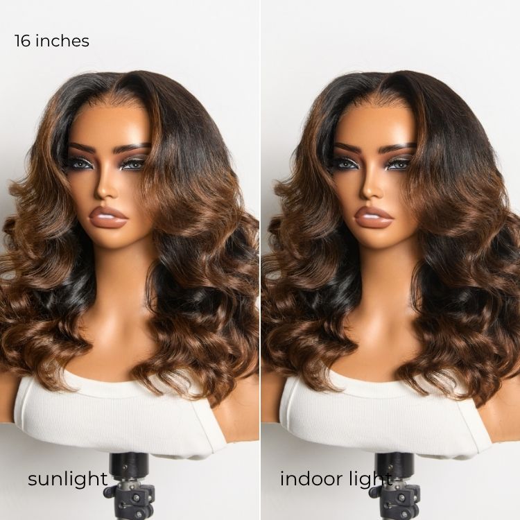 200% Density Ombre Brown / Natural Loose Wave Glueless 13x6 HD Lace Front Shoulder Length Wig Pre-Cut Lace Flexi-Fit Drawstring Cap