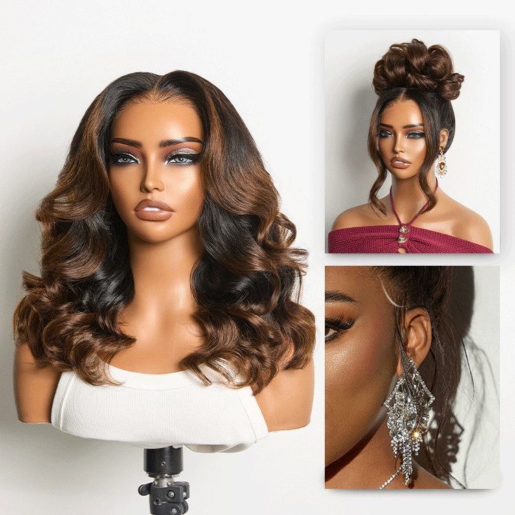 200% Density Ombre Brown / Natural Loose Wave Glueless 13x6 HD Lace Front Shoulder Length Wig Pre-Cut Lace Flexi-Fit Drawstring Cap