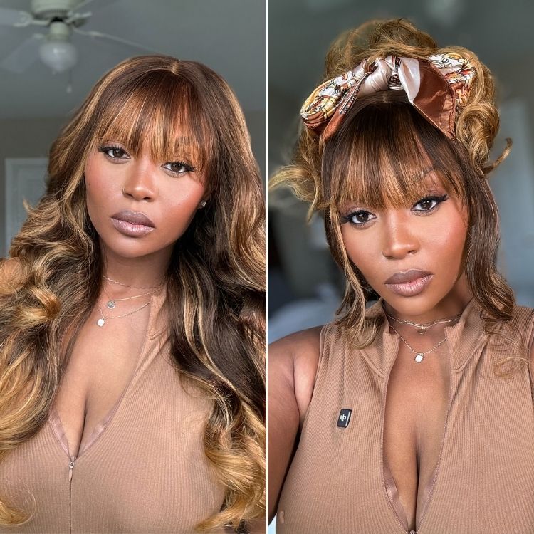 180% Density Ombre Blonde Highlight Loose Body Wave Glueless 7x6 Closure HD Lace Human Hair Wig with Bangs Pre-Cut Lace