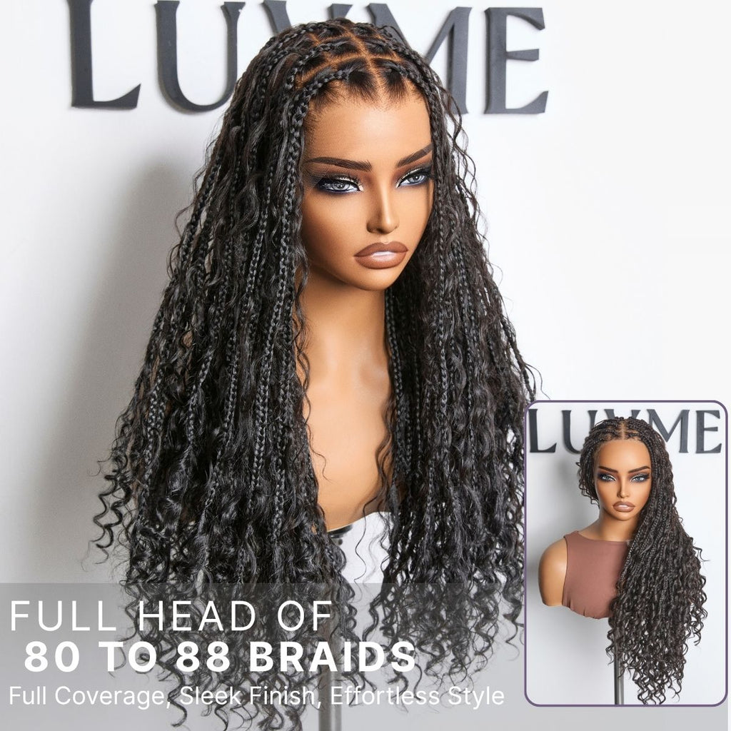 Readitress™ Light Weight Flexi-Fit Invisi Drawstring Cap Full Lace Knotless Boho Curls Braided Long Wig Super Natural Scalp