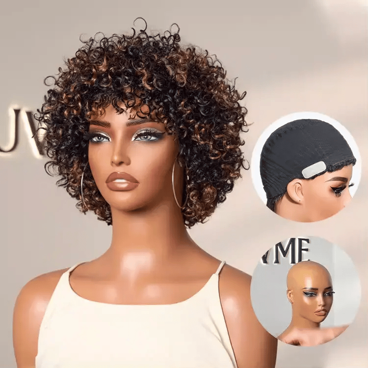 Throw On & Go Short Cut with Bangs Wig Ultra Comfort Skin-Like Soft Care Glueless Wig Hair Loss Friendly