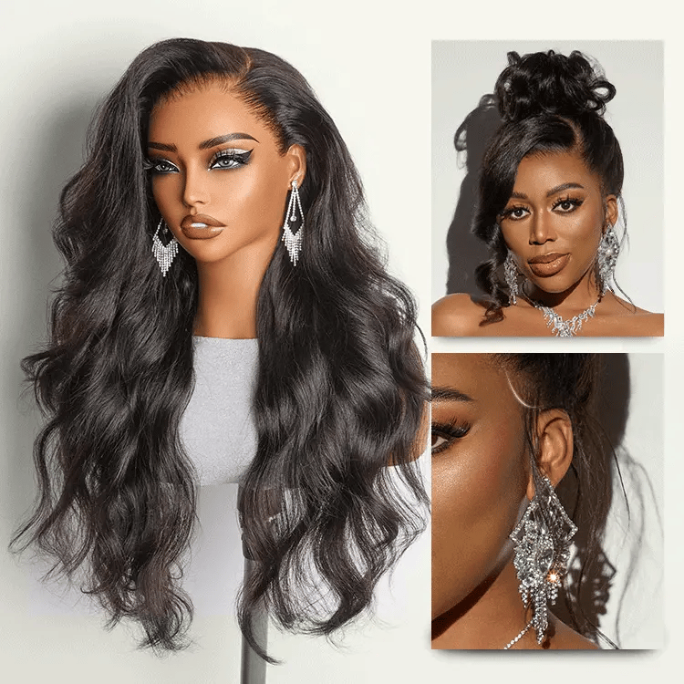 Classy Natural Black Body Wave Free Parting Half Up Half Down Wig Invisi Drawstring Cap Pre-cut Lace
