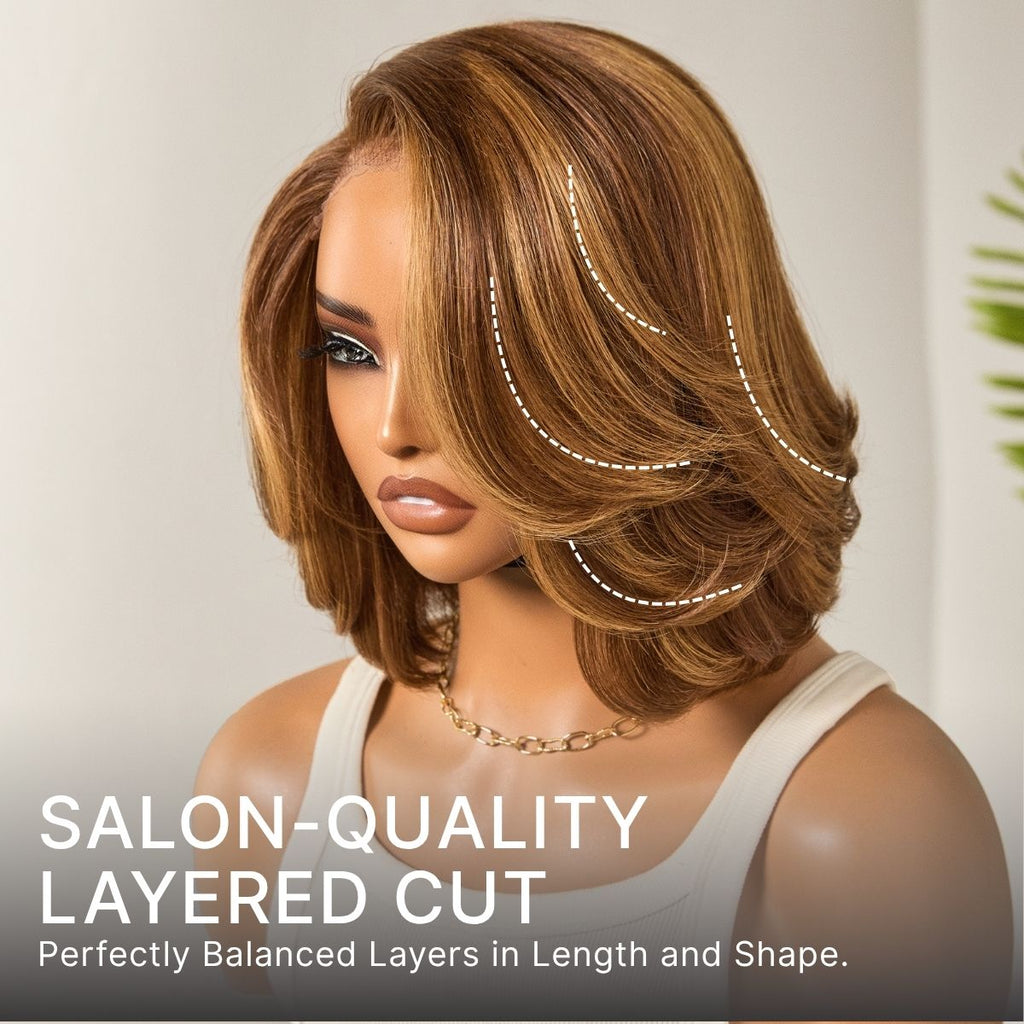 Limited Design | Toffee Brown Mix Blonde / Natural Black Layered Cut Glueless 5x5 Closure Lace Bob Wig