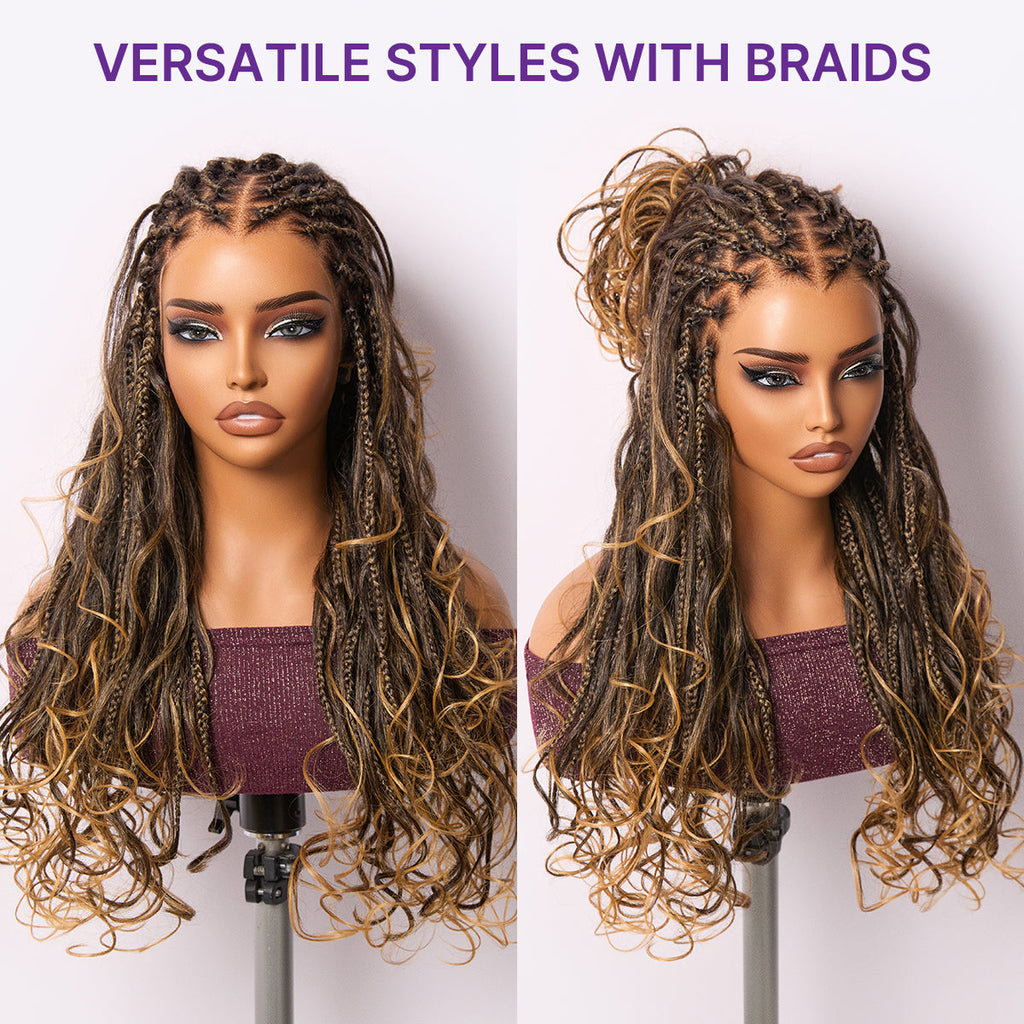 Readitress™ Ombre Honey Blonde French Curl Knotless Boho Braids HD Full Lace Long Wig Flexi Fit Invisi Drawstring Cap - US Only