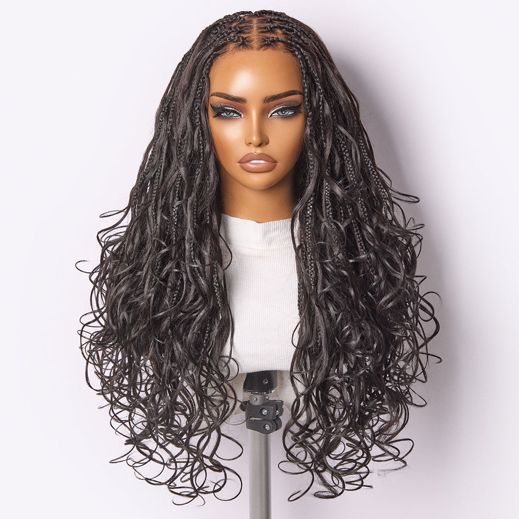 French Curl Knotless Boho Braids HD Full Lace Long Wig Flexi Fit Invisi Drawstring Cap