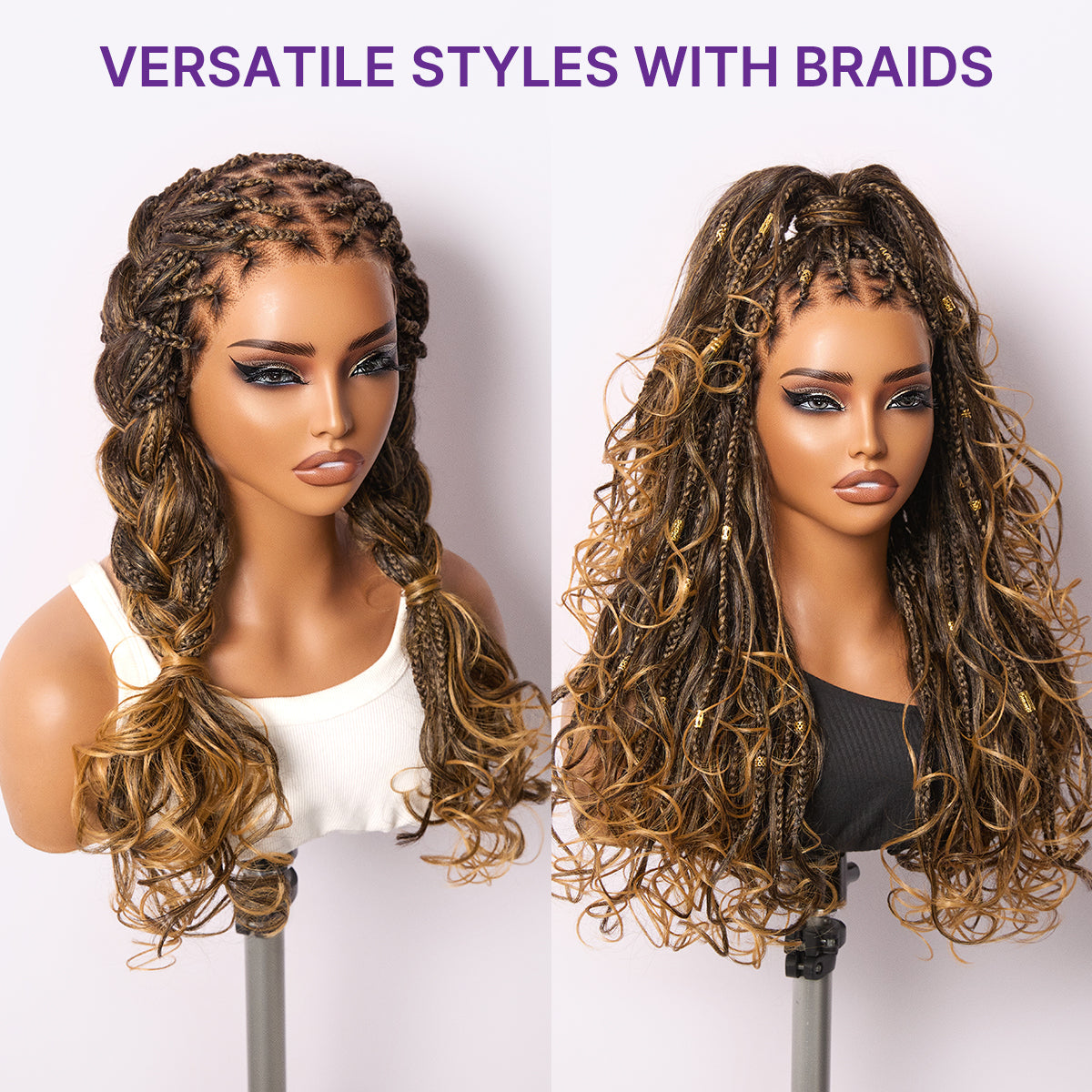 French Curl Knotless Boho Braids HD Full Lace Long Wig Flexi Fit Invisi Drawstring Cap