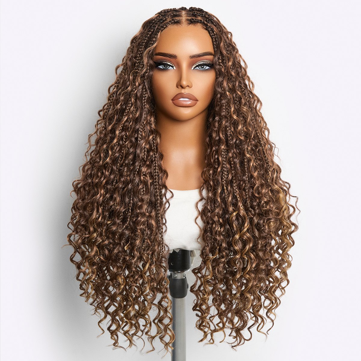 Mix Blonde / Natural Black Light Weight Flexi-Fit Invisi Drawstring Cap HD Full Lace Knotless Boho Curls Braided Long Wig Super Natural Scalp