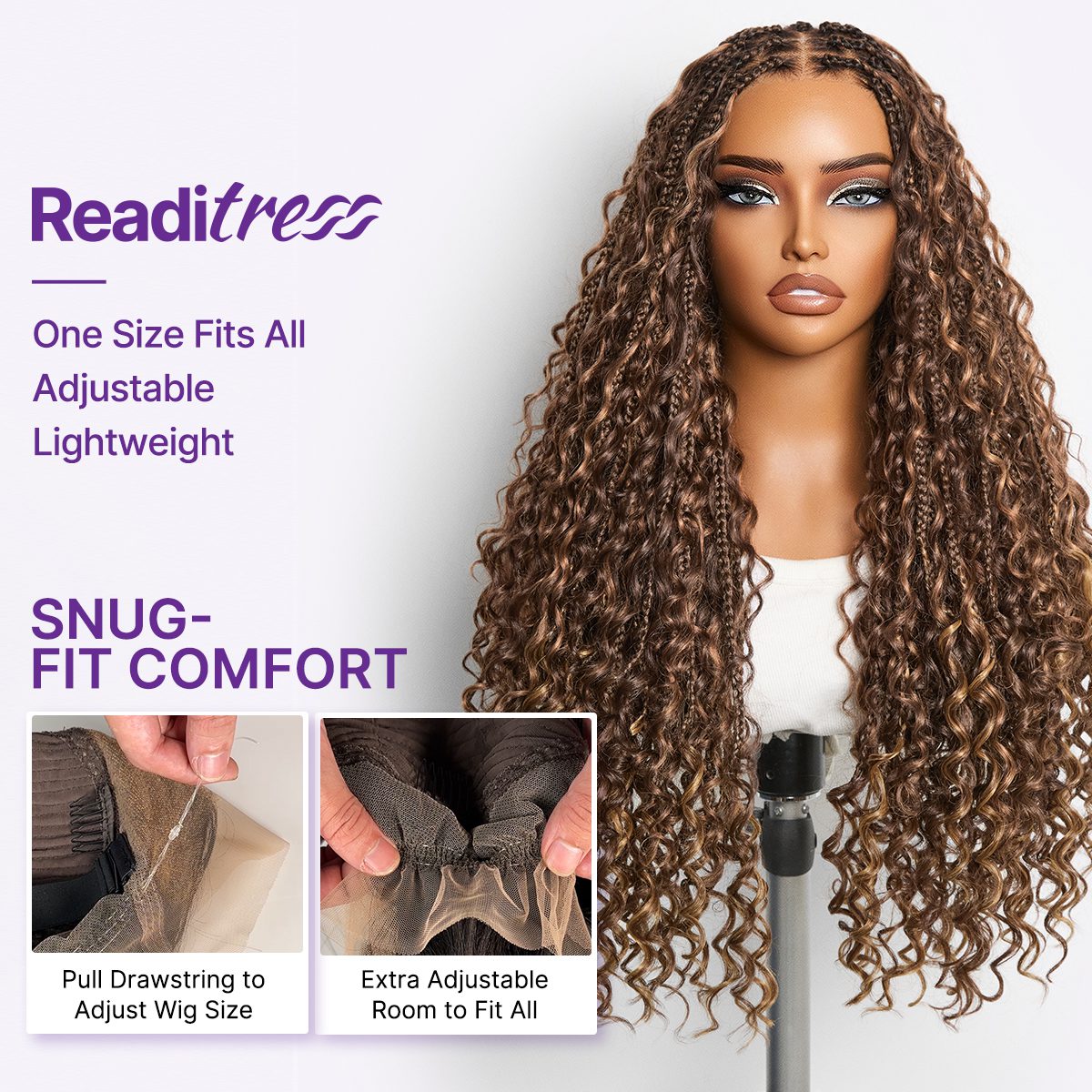Mix Blonde / Natural Black Light Weight Flexi-Fit Invisi Drawstring Cap HD Full Lace Knotless Boho Curls Braided Long Wig Super Natural Scalp