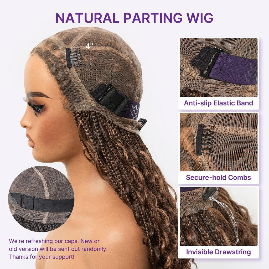 Mix Blonde / Natural Black Light Weight Flexi-Fit Invisi Drawstring Cap HD Full Lace Knotless Boho Curls Braided Long Wig Super Natural Scalp