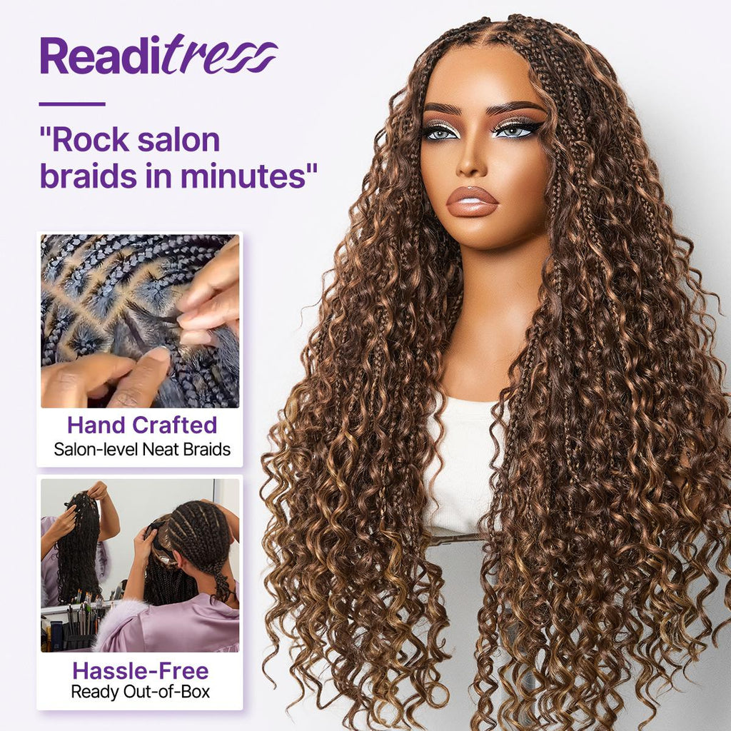 Mix Blonde / Natural Black Light Weight Flexi-Fit Invisi Drawstring Cap HD Full Lace Knotless Boho Curls Braided Long Wig Super Natural Scalp