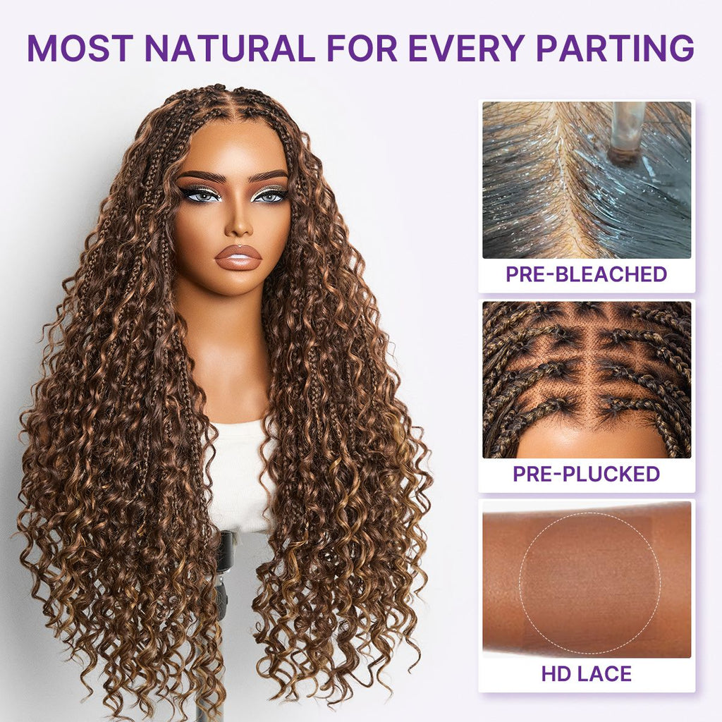 Mix Blonde / Natural Black Light Weight Flexi-Fit Invisi Drawstring Cap HD Full Lace Knotless Boho Curls Braided Long Wig Super Natural Scalp