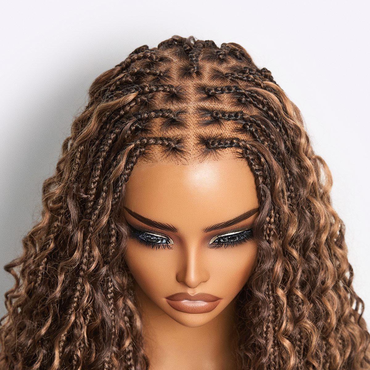Mix Blonde / Natural Black Light Weight Flexi-Fit Invisi Drawstring Cap HD Full Lace Knotless Boho Curls Braided Long Wig Super Natural Scalp