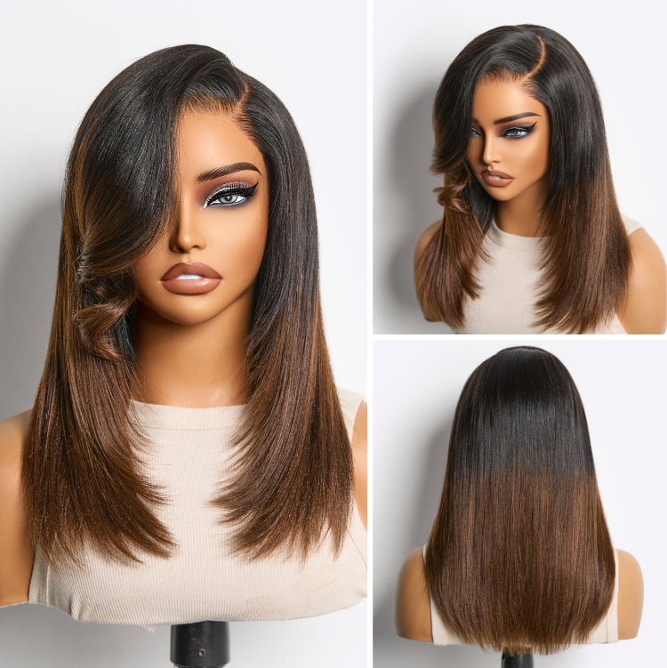 180% Density Ombre Brown Butterfly Cut Layered Light Yaki Straight Glueless 7x6 Closure HD Lace Short Wig Pre-Cut Lace