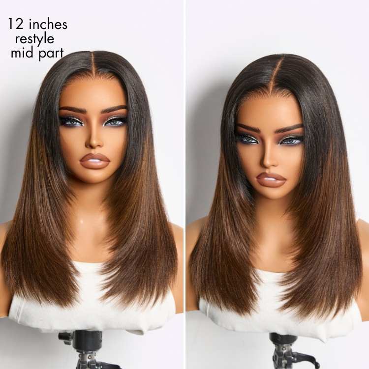 180% Density Ombre Brown Butterfly Cut Layered Light Yaki Straight Glueless 7x6 Closure HD Lace Short Wig Pre-Cut Lace