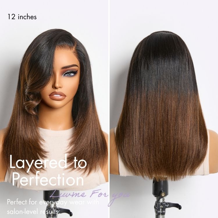 180% Density Ombre Brown Butterfly Cut Layered Light Yaki Straight Glueless 7x6 Closure HD Lace Short Wig Pre-Cut Lace