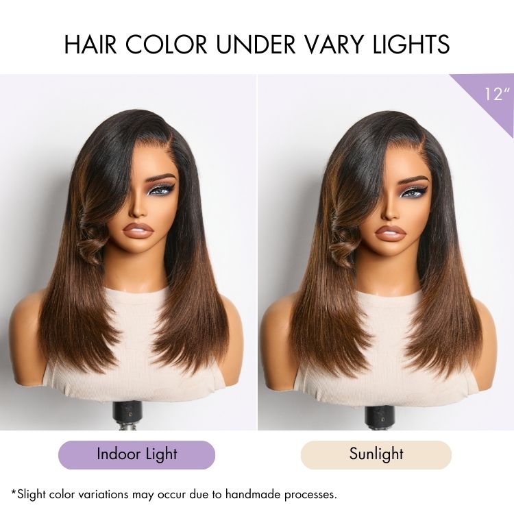 180% Density Ombre Brown Butterfly Cut Layered Light Yaki Straight Glueless 7x6 Closure HD Lace Short Wig Pre-Cut Lace