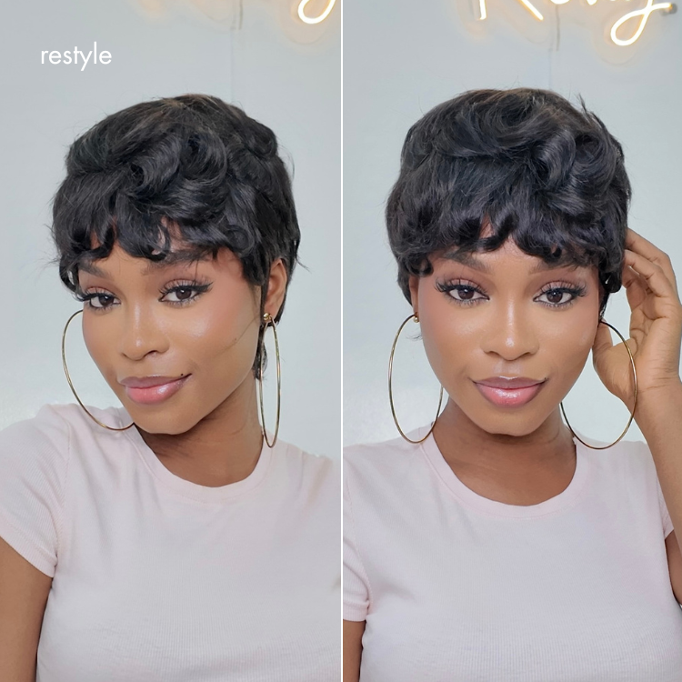 Throw On & Go Short Cut with Bangs Wig Ultra Comfort Skin-Like Soft Care Glueless Wig Hair Loss Friendly