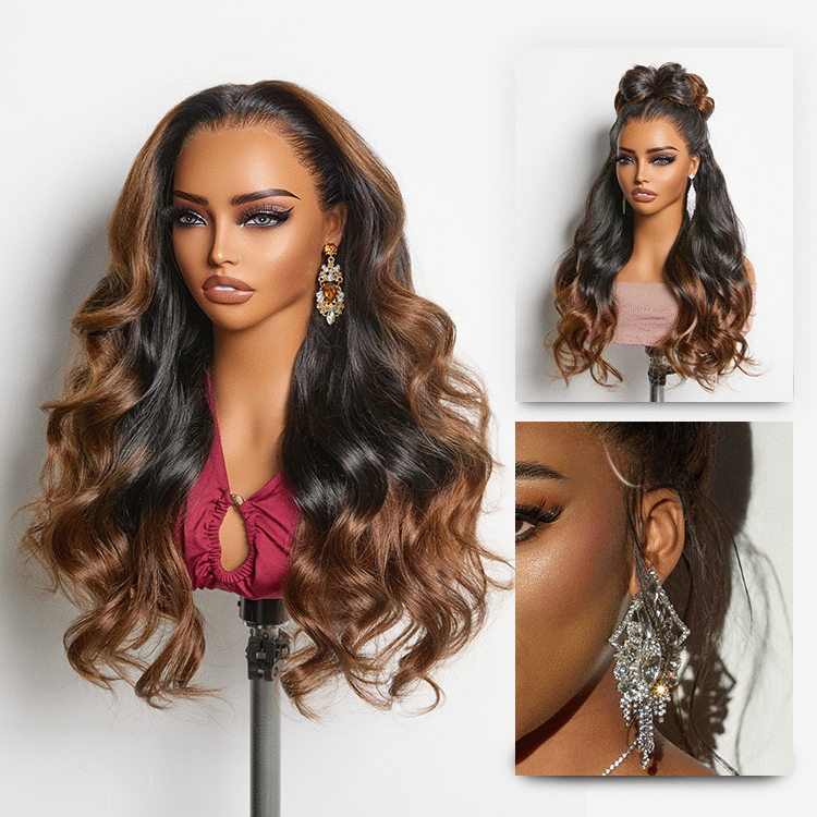 NatureMAX 200% Density Ombre Brown / Natural Black Loose Wave Glueless 13x6 / 13x4 HD Lace Front Wig Pre-Cut Lace Flexi-Fit Drawstring Cap