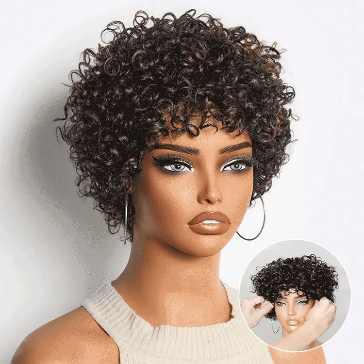 Beginner Friendly Throw On & Go Short Bouncy Curls with Bangs Glueless Wig 100% Human Hair - US Only