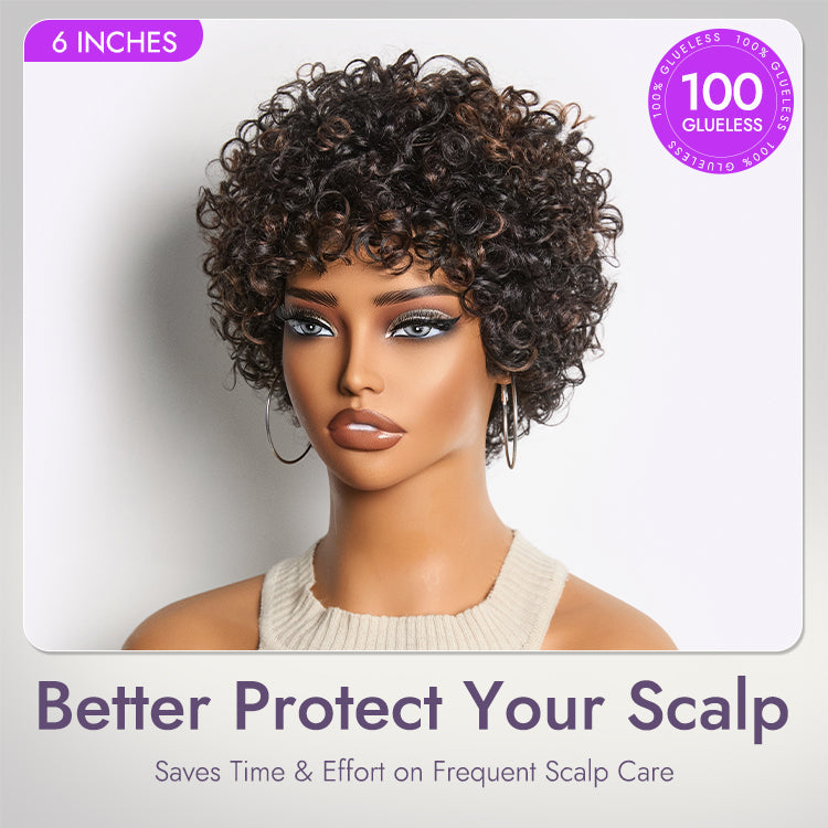 Beginner Friendly Throw On & Go Short Bouncy Curls with Bangs Glueless Wig 100% Human Hair - US Only