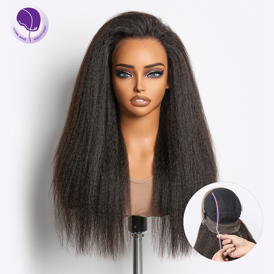 360 HD Lace Kinky Straight Wig Flexi-Fit Invisi Drawstring Cap & Pre-Cut Lace