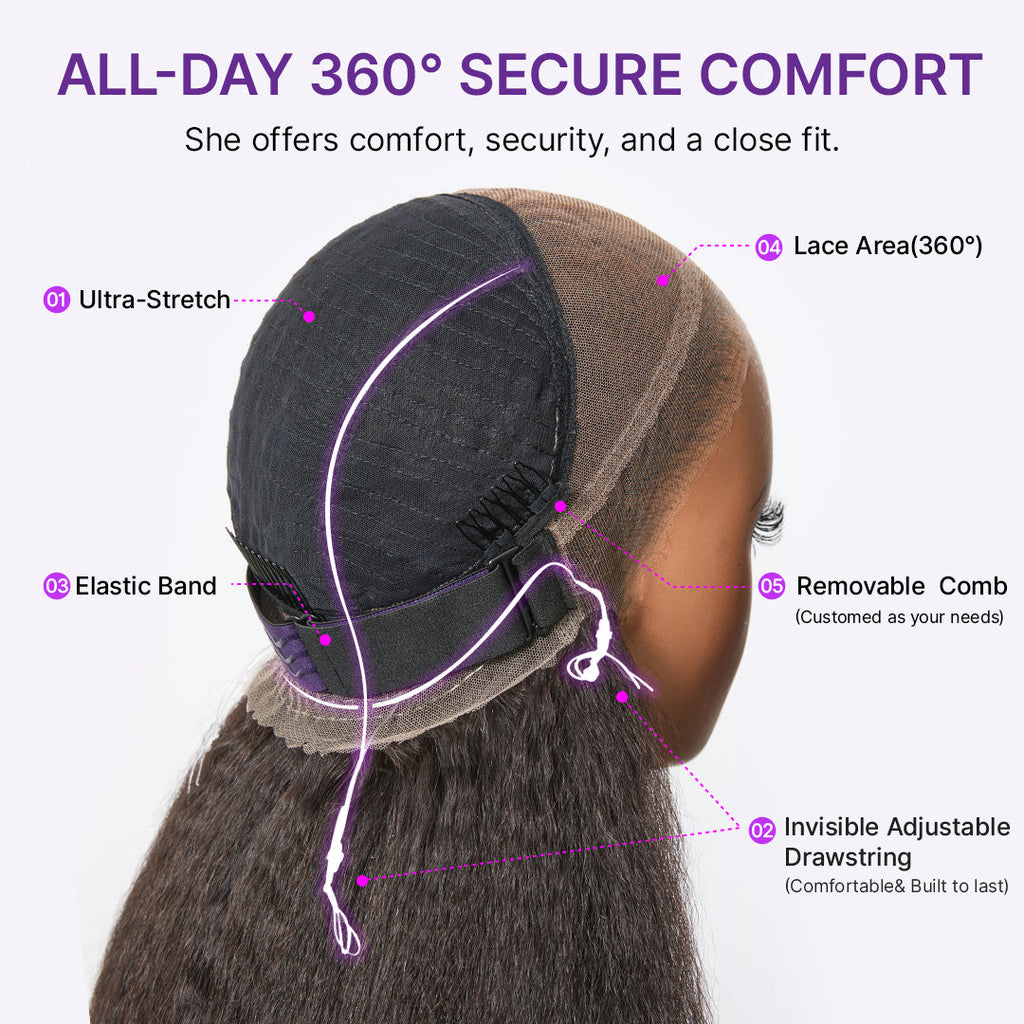 360 HD Lace Kinky Straight Wig Flexi-Fit Invisi Drawstring Cap & Pre-Cut Lace