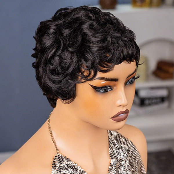 24h Ship Out | Pixie Wig Pre-styled Human Hair Machine Made Short Curly Wigs Beginner Friendly