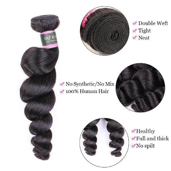 Loose Wave Virgin Human Hair 3 Bundles With 4x4 Lace Closure