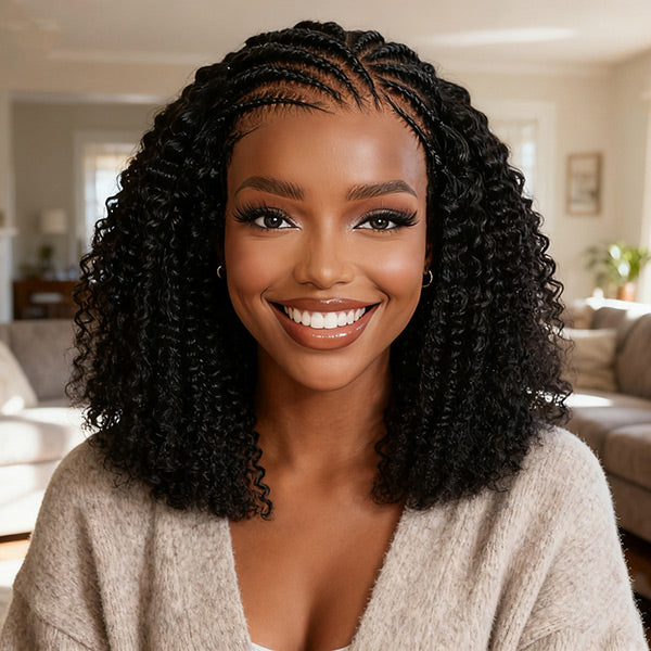 Afro Curly Pre Braided Style Pre Bleached Knots Pre-cut 9x6 Lace Wear Go Glueless Wig With Elastic Drawstring